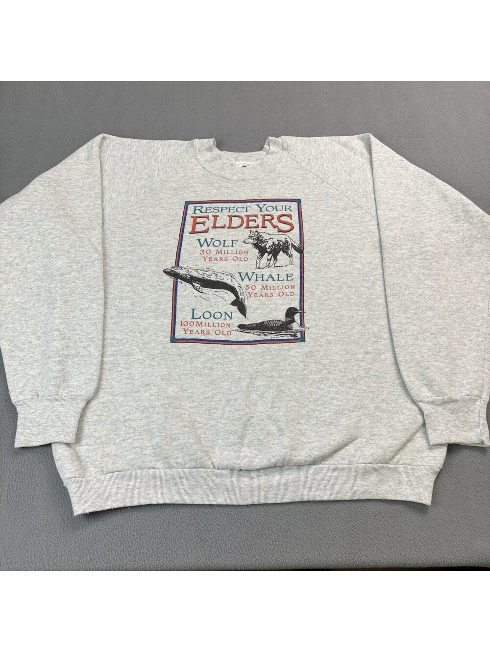 Vintage 90s 1991 Respect Your Elders Nature Crewneck Sweatshirt Size XL Gray